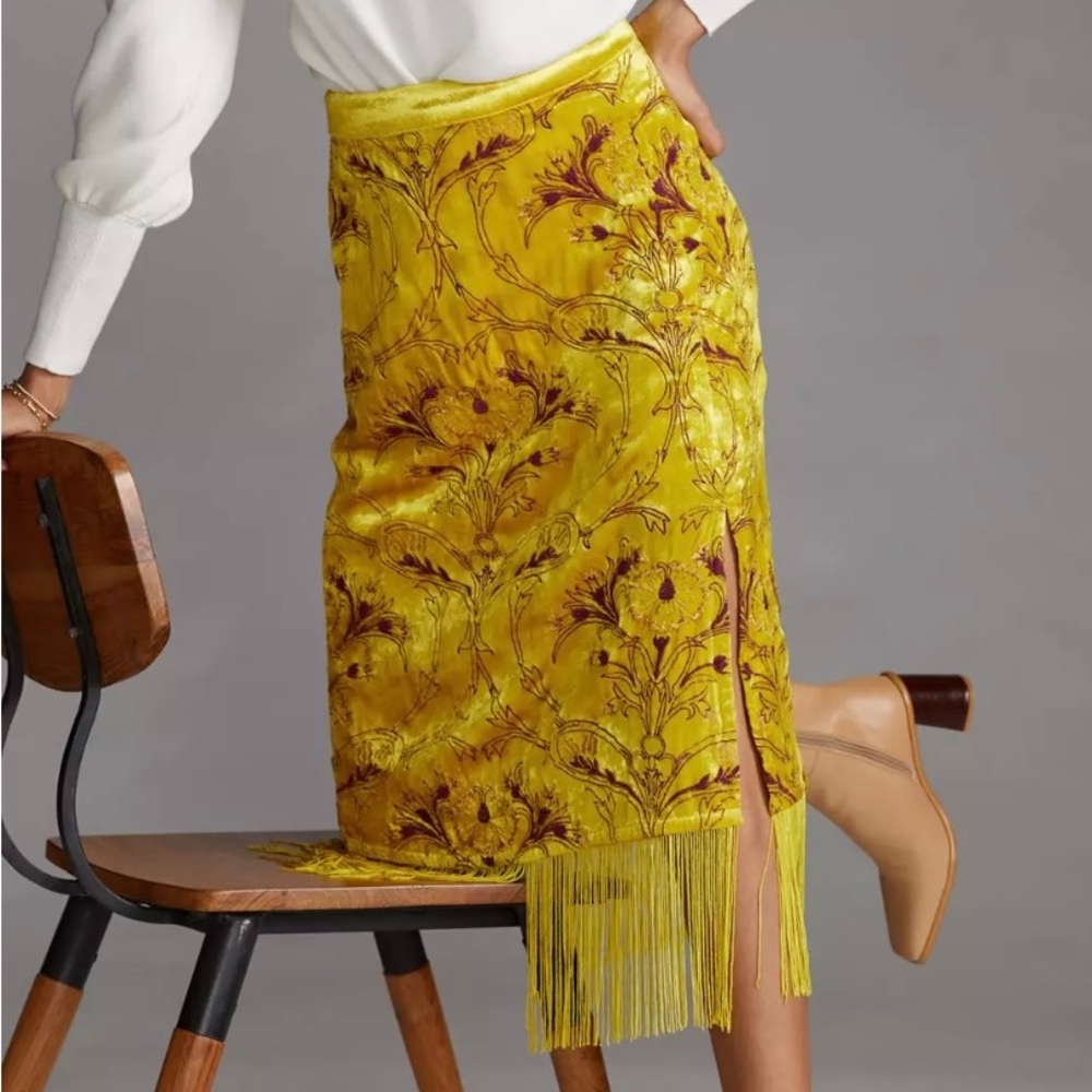 NWT Anthropologie Slim Fringed Velvet Midi Skirt